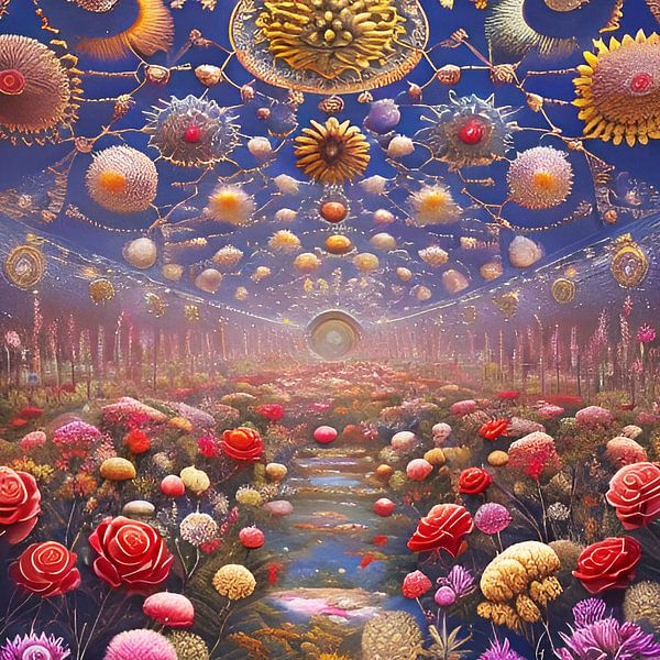Serie: Surrealistische Landschaft mit vielen Blumen -1 von Carina Dumais