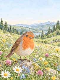 Rouge-gorge dans une prairie printanière – sapins
