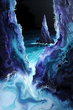 Abstract zeelandschap met zeilboot in kleuren van De Muurdecoratie