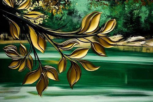 Gouden bladeren boven groene rivier