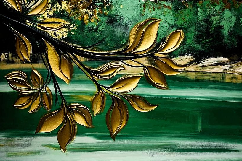 Gouden bladeren boven groene rivier van Art & Soul Creations