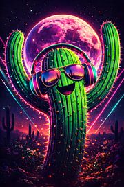 Illustration pop art vaporwave représentant un cactus néon avec des écouteurs sur Faheem Beigh
