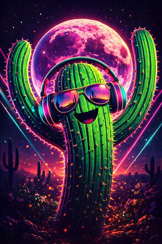 Neoncactus met koptelefoon – Vaporwave-popartillustratie