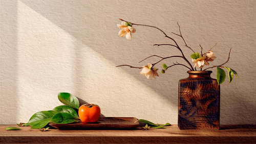 Nature morte avec des fruits de kaki et de délicates branches fleuries dans des tons terreux