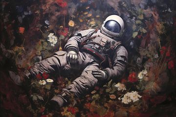 Astronaute dans une mer de fleurs sur De Muurdecoratie