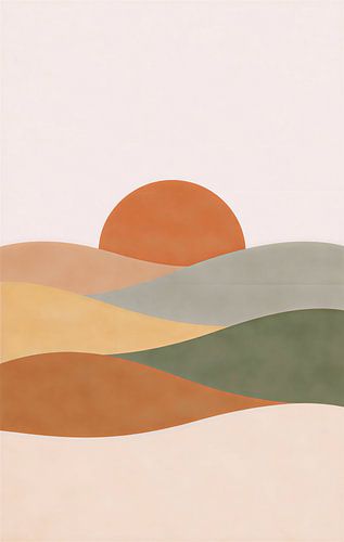 Mid-Century Modern Abstract Boho Landscape with Sun and Rolling Earth Tone Hills
