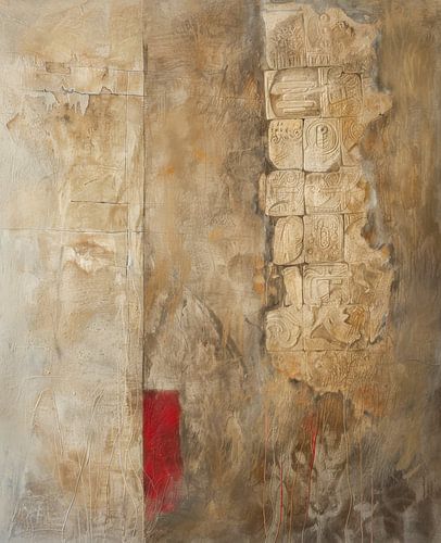 Neutraal abstract schilderij in beige en rood accent