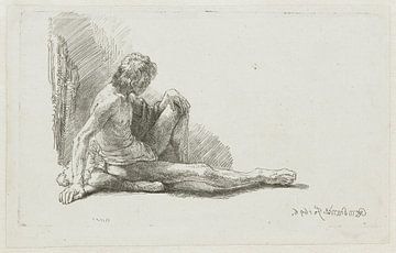 Jonge man, zittend op de grond met één been uitgestrekt, Rembrandt van Rijn