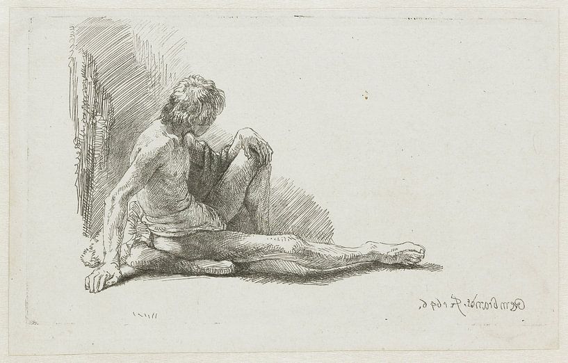 Junger Mann, der mit ausgestrecktem Bein auf dem Boden sitzt, Rembrandt van Rijn von Ed z'n Schets