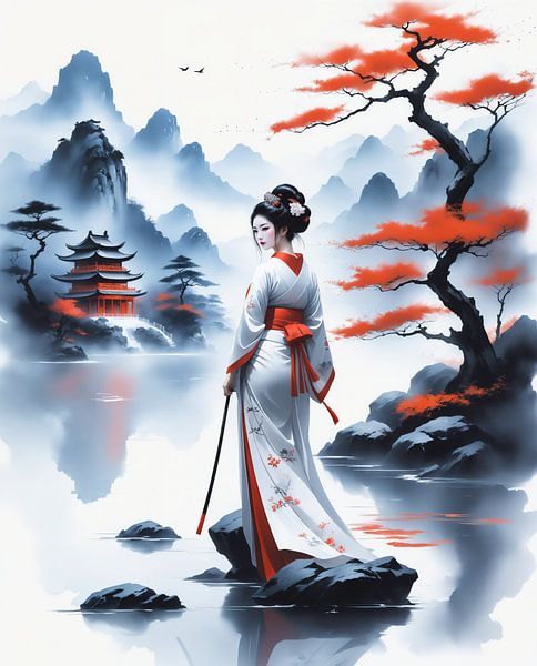 Gemälde einer Geisha am See im asiatischen Stil von Markus Gann