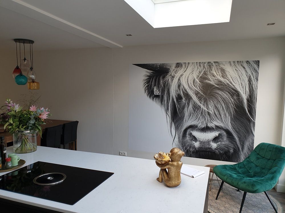 Portret Schotse Hooglander zwart-wit  van Sandra van Kampen 