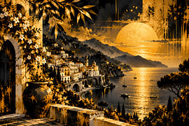 Amalfiküste in Schwarz & Gold | Mediterrane Küstenlandschaft im Sonnenuntergang | Poster Querformat von ButterflyPix