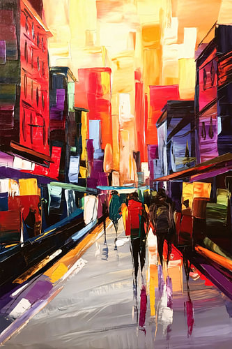 Abstracte kleurrijke stadsscène schilderij