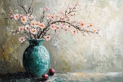 Roze bloesems in turquoise vaas