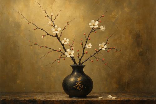 Kersenbloesem in zwarte kruik