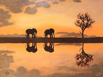 Schilderij met afrikaanse olifanten bij zonsondergang van Bobsphotography