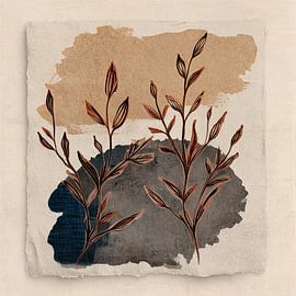 Botanische Illustration: zwei Zweige mit terrakottafarbenen Blättern auf Papier