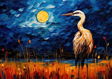 Night, Moon and Crane by Blikvanger Schilderijen