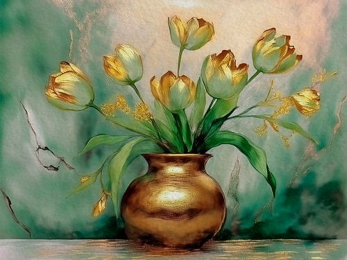 Tijdloos en stijlvol Stilleven.  Hollandse tulpen in gouden vaas