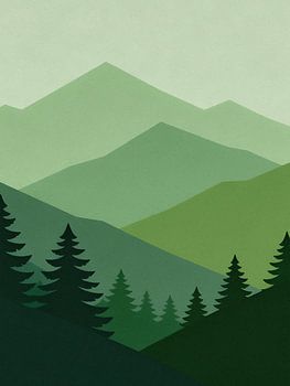 Minimalist Misty Mountain Forest Art - Layered Green Pine Landscape