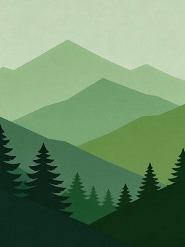 Minimalist Misty Mountain Forest Art - Layered Green Pine Landscape by Minggu Galeri