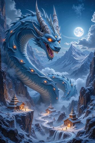 ZHENLONG - Chinese Dragon in Snowy Mountains under a Full Moon