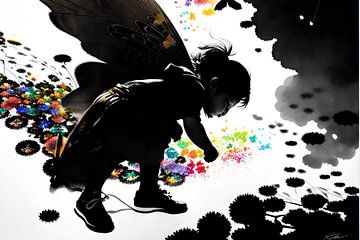 Dans un monde en noir et blanc, la silhouette de ton enfant dessine des motifs colorés dans la rue. sur ButterflyPix