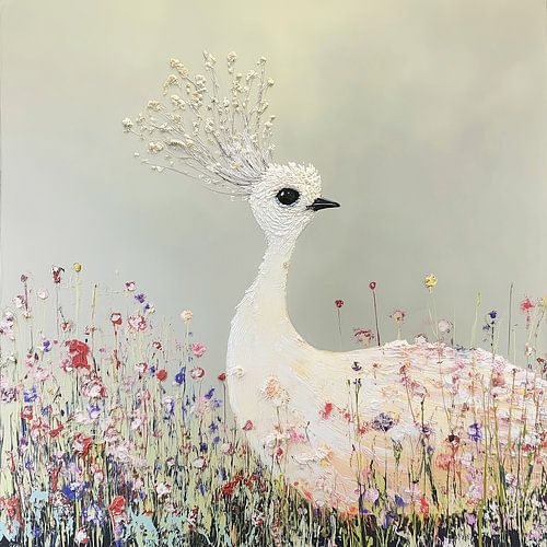 Weißer Pfau im Blumenfeld