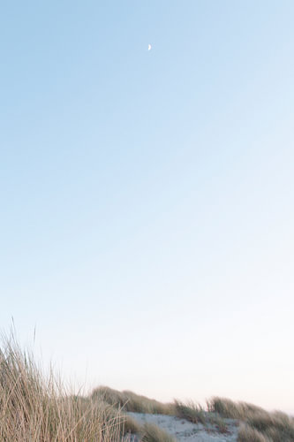 Maan schijnt tijdens zonsondergang boven de duinen | reisfotografie print | Texel Nederland