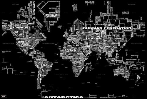 TYPOGRAFISCHE ZWARTE wereldkaart (bijgewerkt 2025)