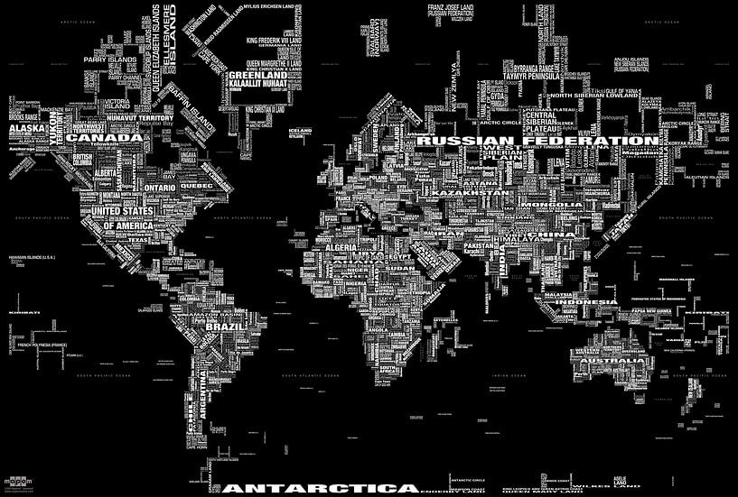 TYPOGRAFISCHE ZWARTE wereldkaart (bijgewerkt 2025) van MAPOM by Geoatlas