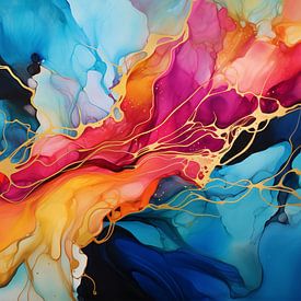 Abstract paining with alcohol ink, vibrant colors and gold by Evelien Doosje