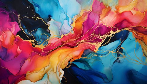 Abstract paining with alcohol ink, vibrant colors and gold