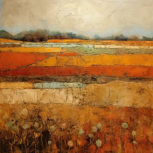 Abstract Landschap Schilderij - Warme Oranje en Bruine Tinten Kunstwerk