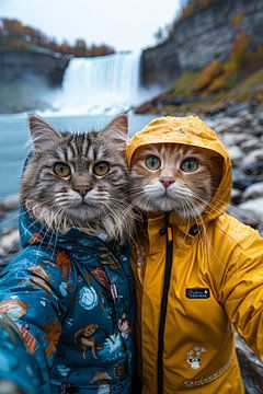 Nieselregen Schnurrer: Abenteuerlustige Katzen am Wasserfall von Felix Brönnimann