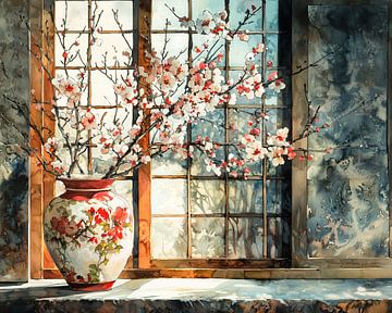 Sonnenbeschienene Blütenvase von Blickfänger Gemälde