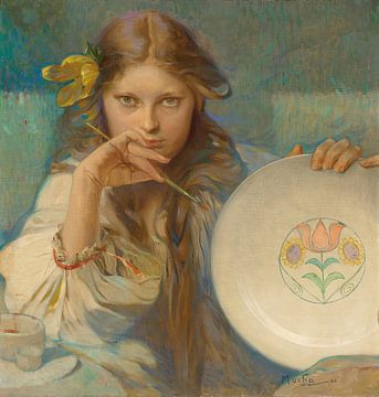 Meisje met bord met volksmotief (1920) van Alphonse Mucha van Peter Balan