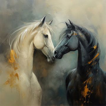 Horse love: a white and black horse with their heads facing each other by Studio Allee