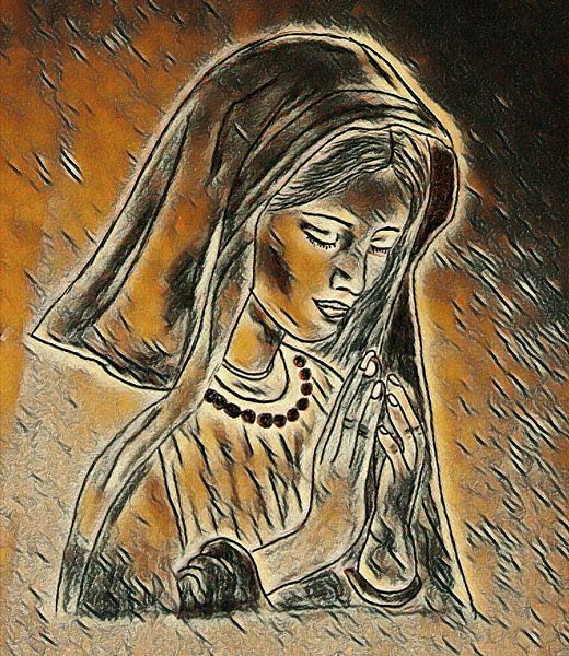 Biddende non ( tekening ) van Jose Lok