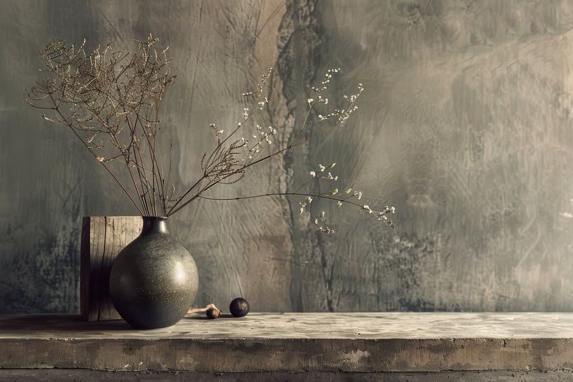 Concrete top with a vase of flowers still life simple by Digitale Schilderijen