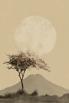 Cherry blossom in front of the moon - Japandi Art by Niklas Maximilian