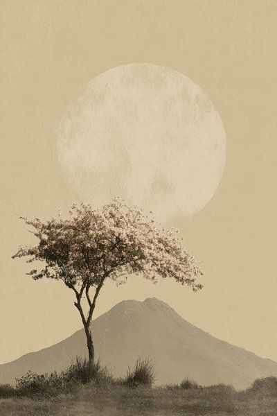 Cherry blossom in front of the moon - Japandi Art by Niklas Maximilian
