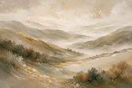 Nebelige goldene Landschaft – Abstraktes Japandi-Gemälde von Art & Soul Creations