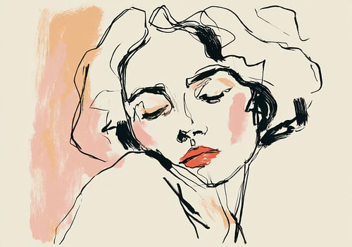 An abstract line drawing of a woman in warm peach tones