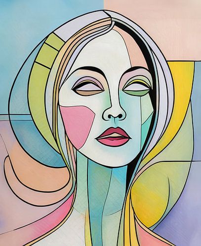 Abstract pastelkleurig vrouwenportret in glas