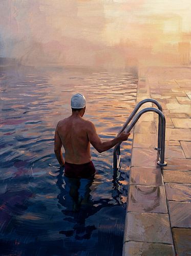 Gouden uur zwemmer in rustige zwembadscène