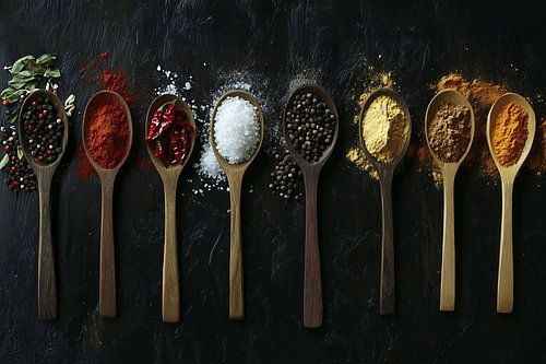 Houten lepels met specerijen