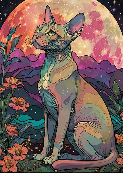 Chat Sphynx sous la lune par MIROKKU