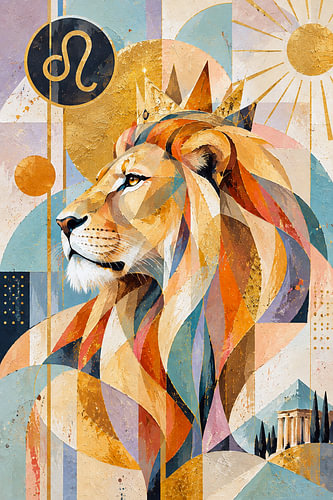 Leo Zodiac Lion Painting – Celestial Gold Astrology Art