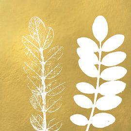 Twee witte takken op gouden achtergrond. Botanische kunst van Dina Dankers